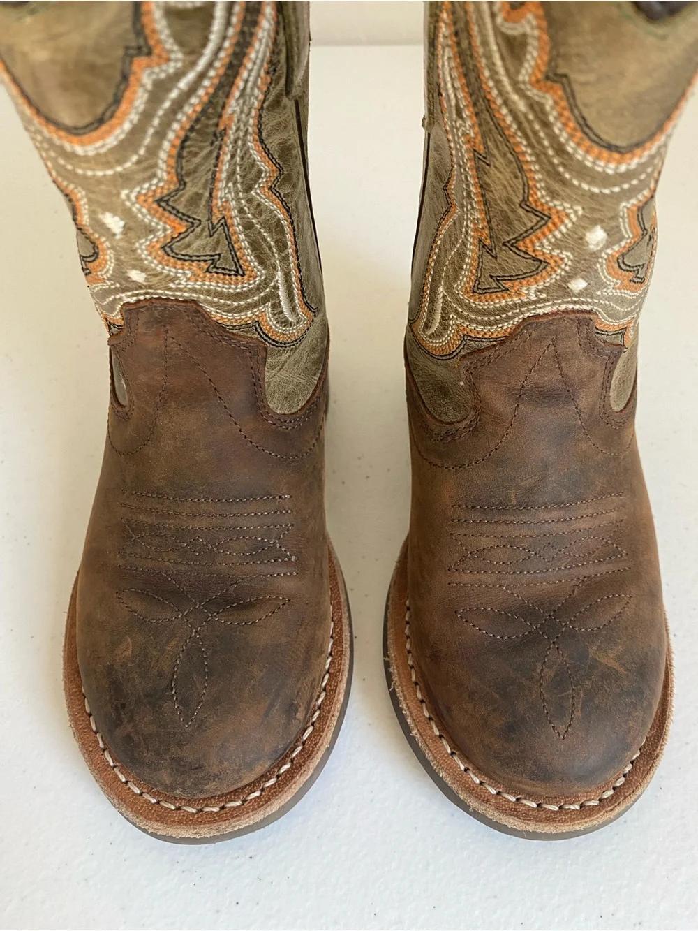 Old West Kids Broad Round Toe Leather Western Boots Tan Olive Size 8.5D